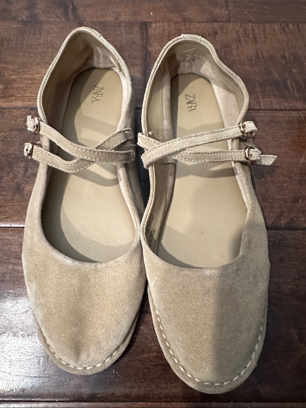 Zara Tan Suede Double-Strap Mary Jane Flats